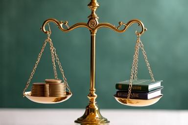 Una balanza equilibrada con símbolos de dinero y leyes