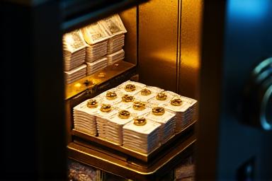 Caja fuerte abierta con dinero y joyas dentro
