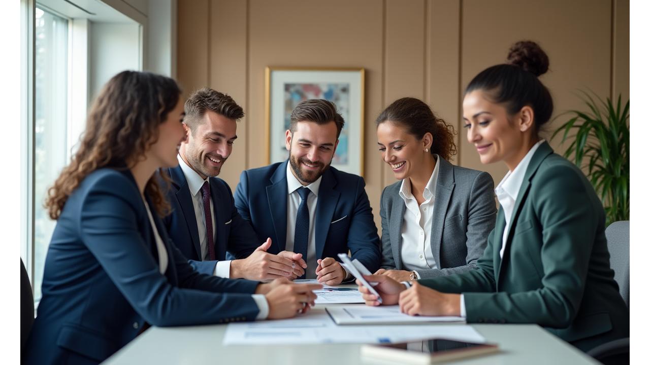 Un equipo de asesores financieros colaborando en una oficina moderna